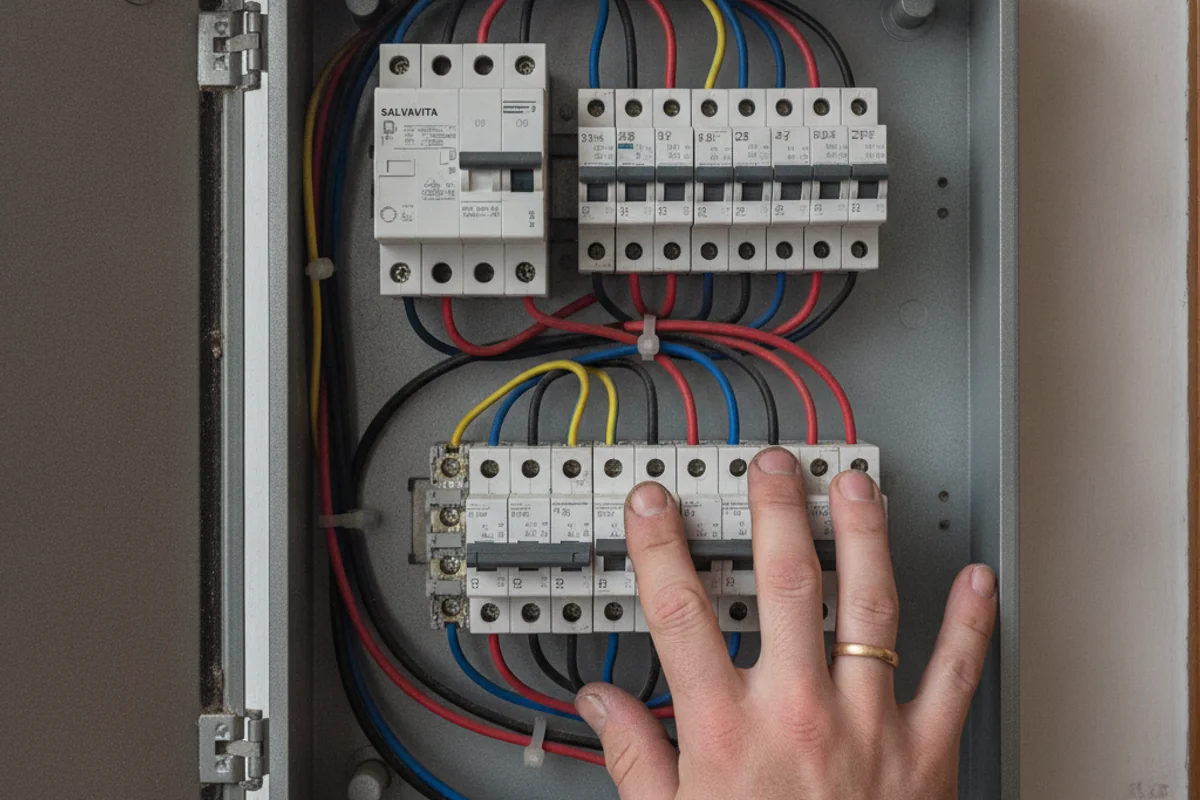 Elettricista al lavoro su quadro elettrico a Ancona